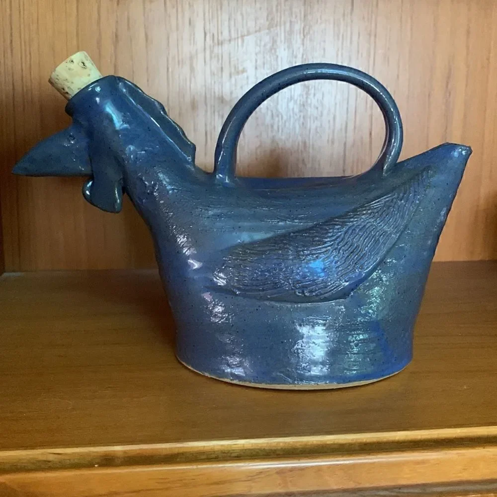 Hand Crafted Clay Oil Dispenser Rooster Blue Pottery